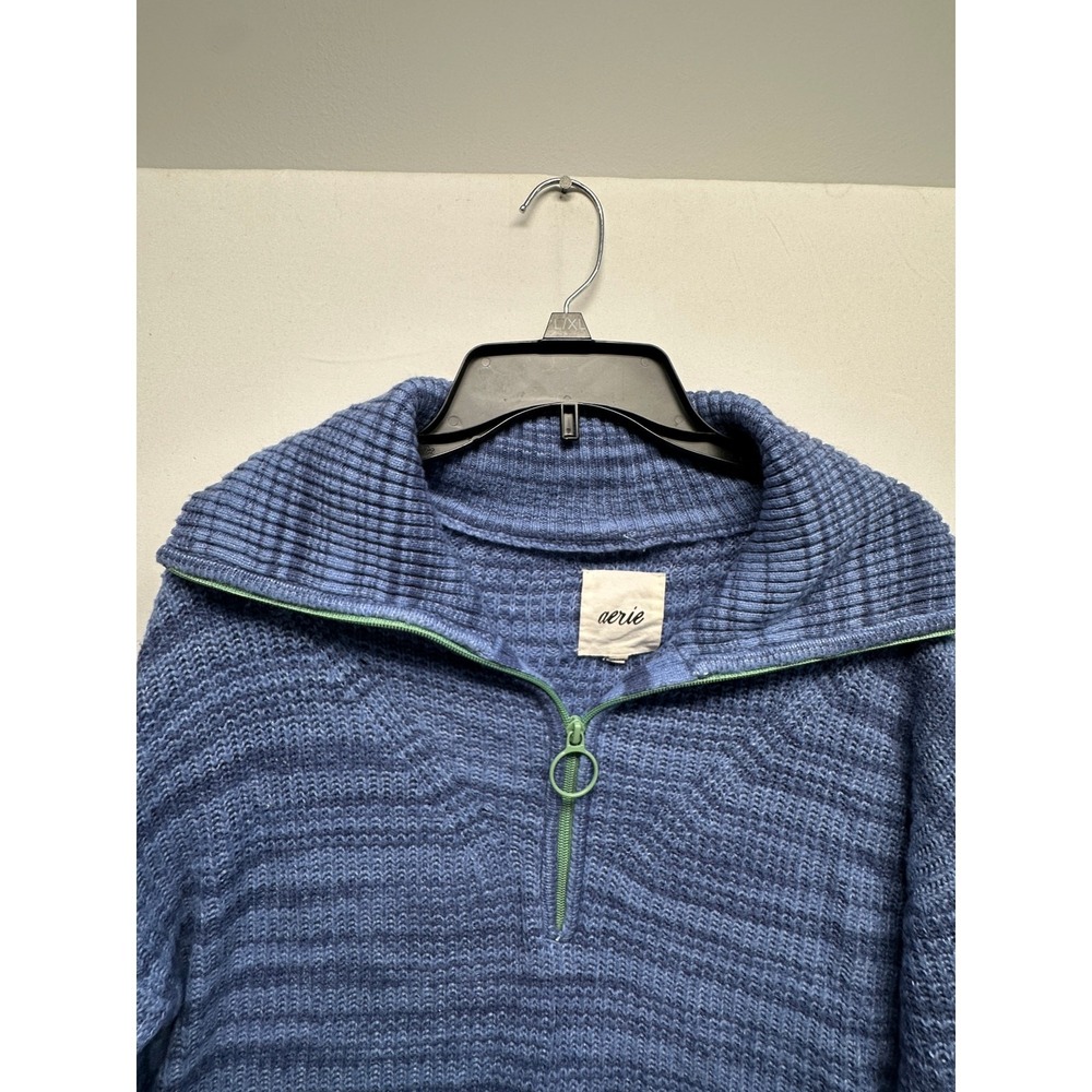 Aerie Blue Half Zip Waffle Knit Sweater XS — Cozy Chunky Collared Pullover - Picture 4 of 10